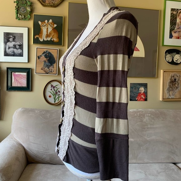 Anthropologie Pleione brown Striped Lace-trim V-neck Cardigan small - Picture 8 of 9